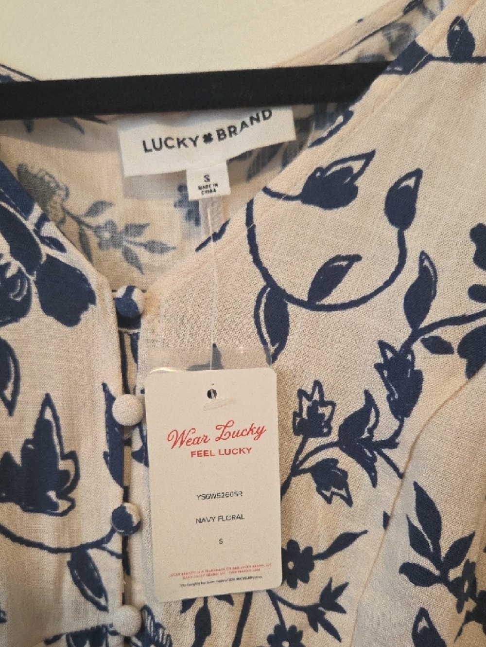 Lucky Brand Cream Maxi Dress with Navy Floral Print and Puff Sleeves - Picture 2 of 5